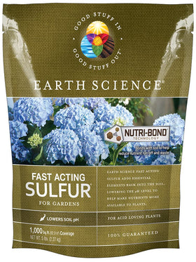 Earth Science Fast Acting Sulfur granules in a bag closeup for quick soil pH adjustment