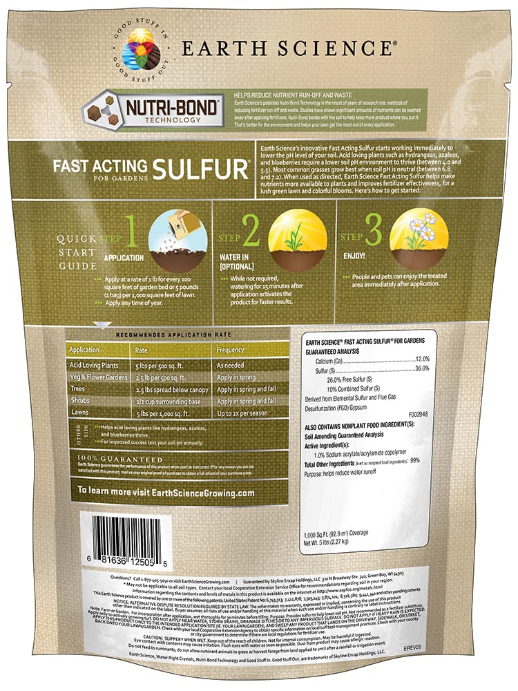 Earth Science sulfur granules drift onto soil to illustrate immediate action for acid-loving plants