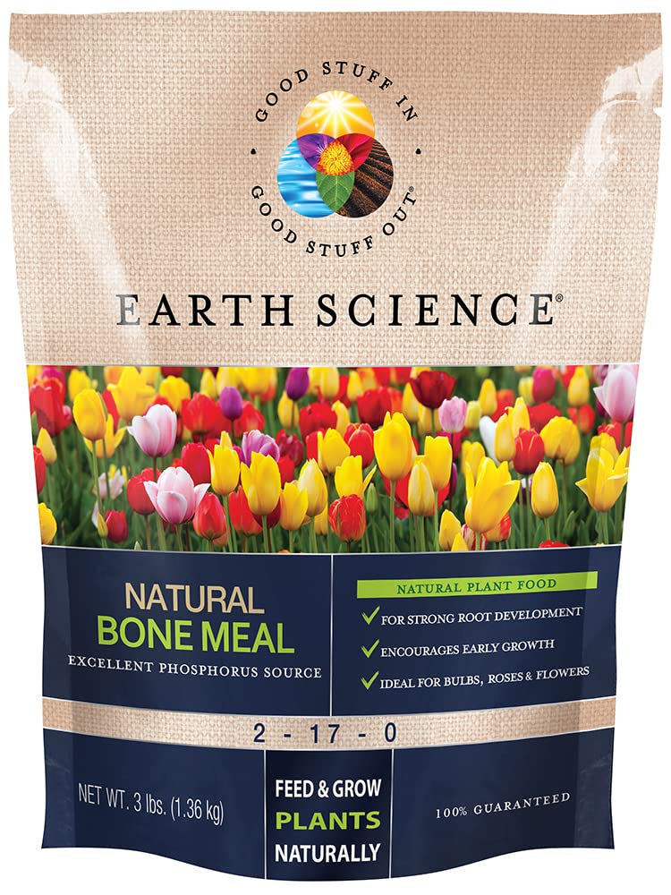 Earth Science Natural Bone Meal bag for organic plant nourishment and root support.