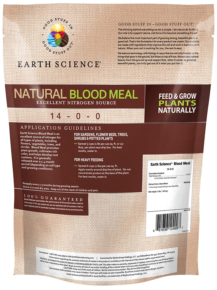 Earth Science organic nitrogen blood meal supports soil health for beds, shrubs, and trees.