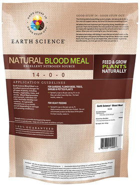 Earth Science organic nitrogen blood meal supports soil health for beds, shrubs, and trees.