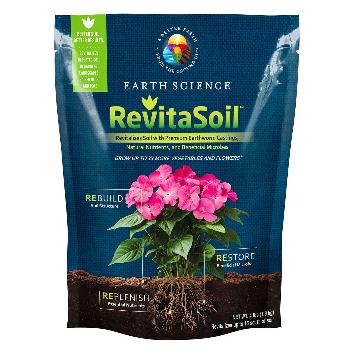 Earth Science RevitaSoil 4 lb bag boosts soil health and natural growth.
