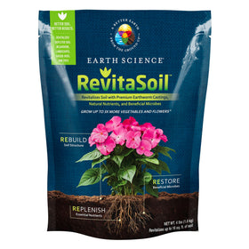 Earth Science RevitaSoil 4 lb bag boosts soil health and natural growth.