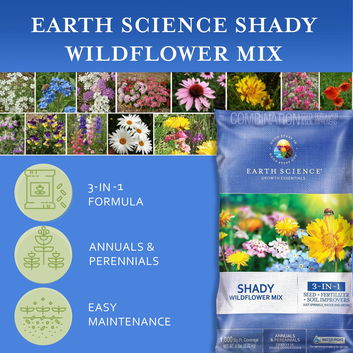 Earth Science safe for people and pets seed mix for family-friendly gardens.