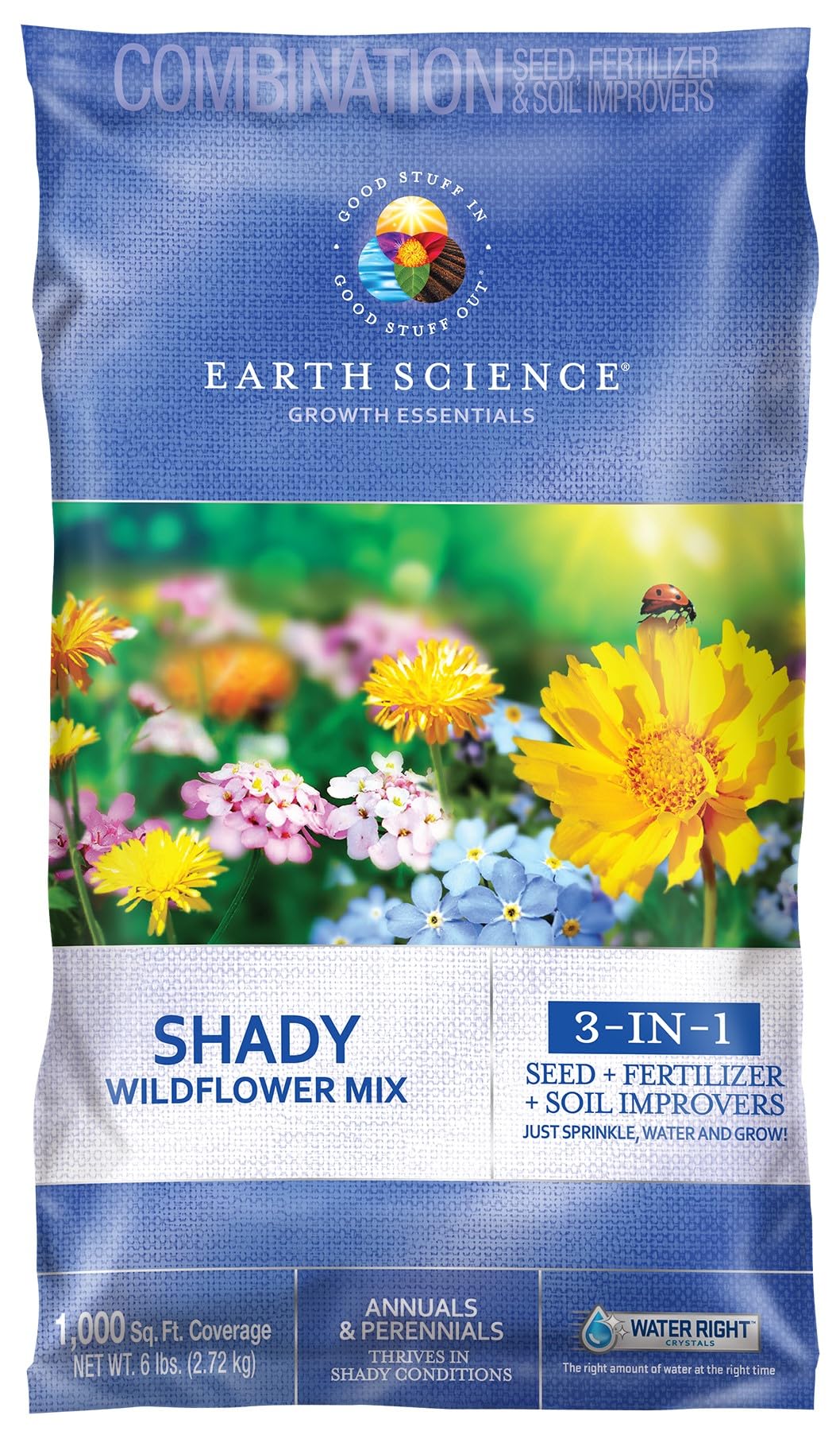 Earth Science Shady Wildflower Mix bag with all-in-one formula for convenient shade-loving blooms.