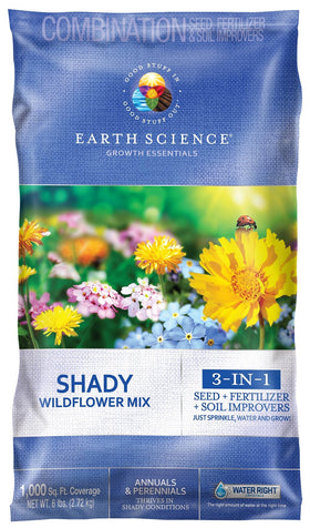 Earth Science Shady Wildflower Mix bag with all-in-one formula for convenient shade-loving blooms.