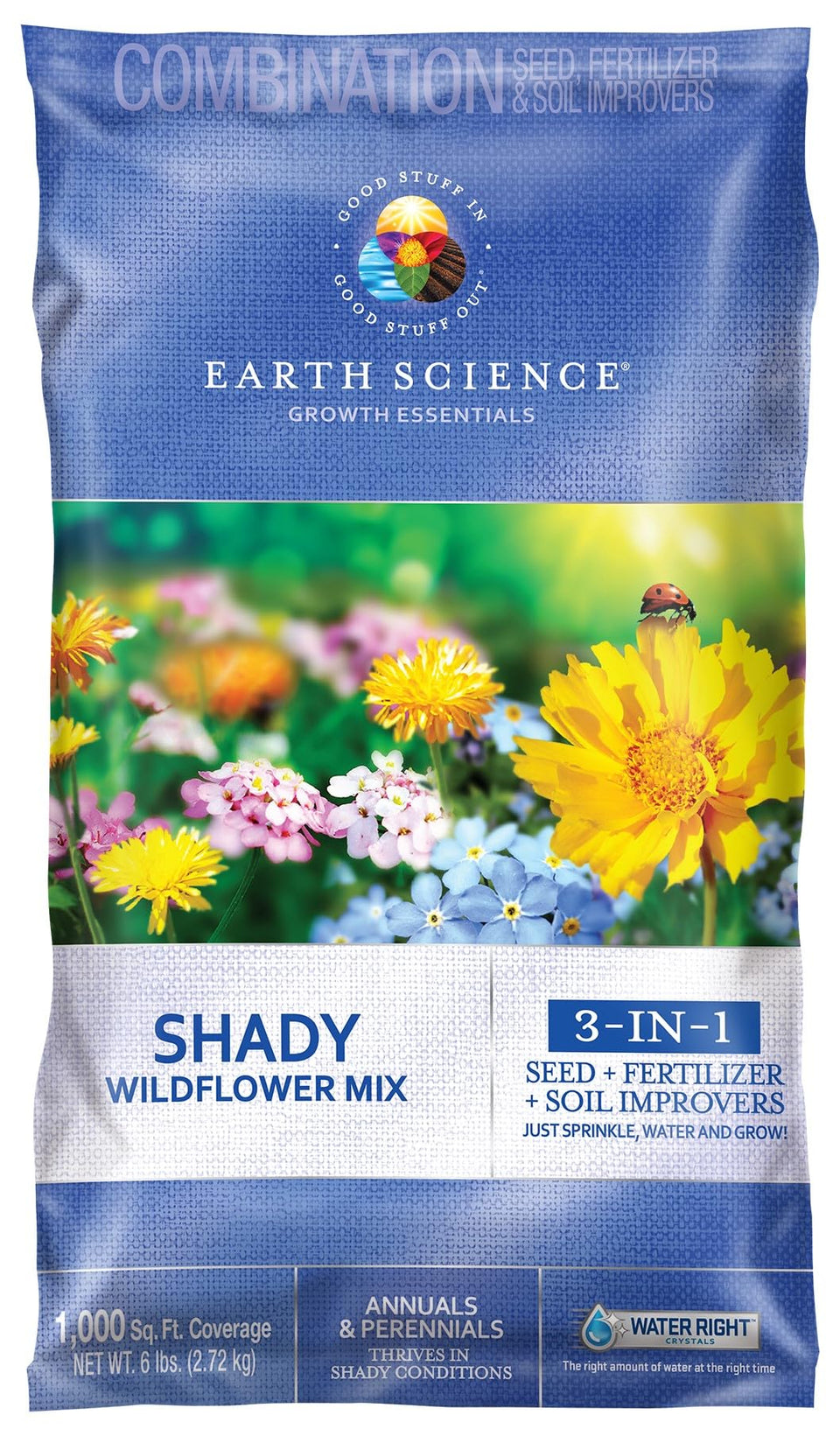 Earth Science Shady Wildflower Mix bag with all-in-one formula for convenient shade-loving blooms.