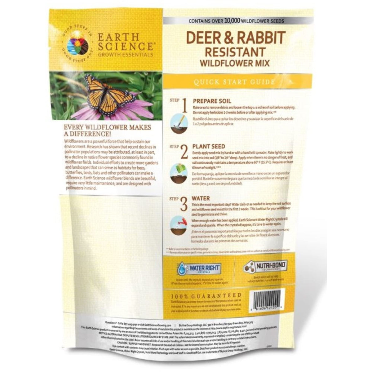 Earth Science wildflower seed pack promoting GMO-free color and easy garden prep.