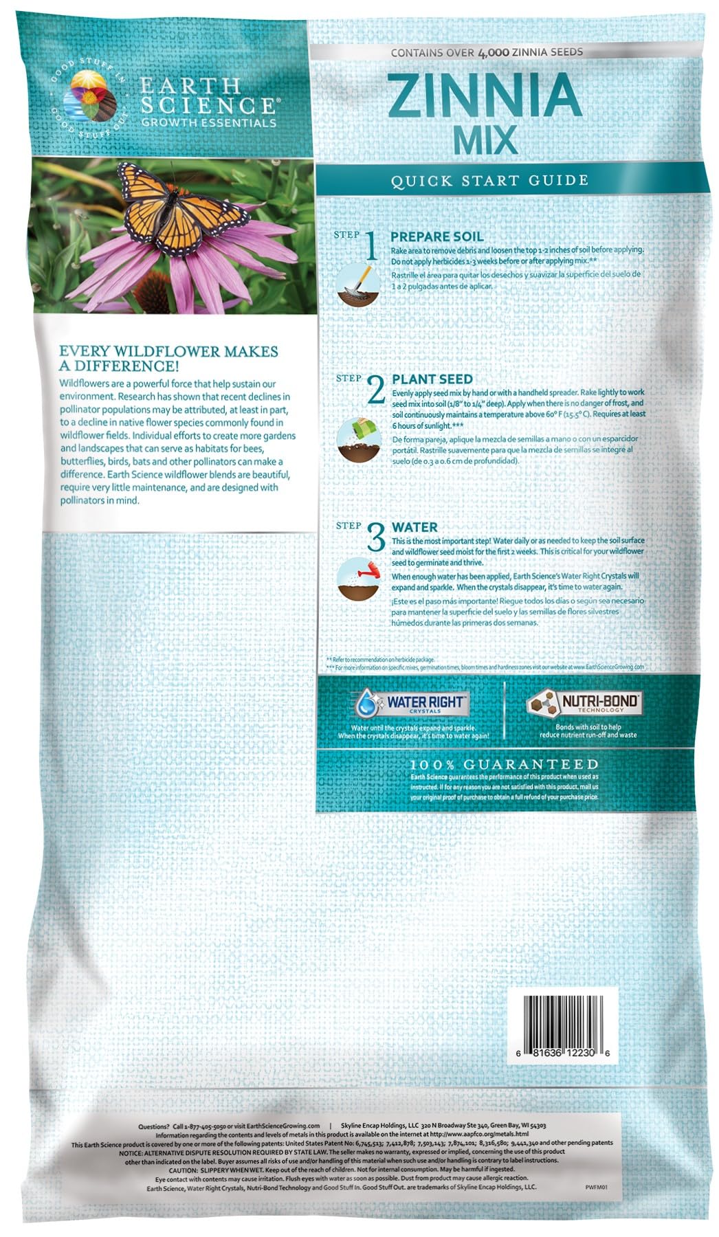 Earth Science Zinnia Wildflower Mix covers about 600 sq ft in a vibrant garden