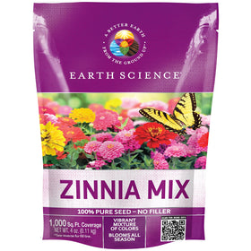 Earth Science Zinnia Seeds packet close-up for premium non-GMO planting.