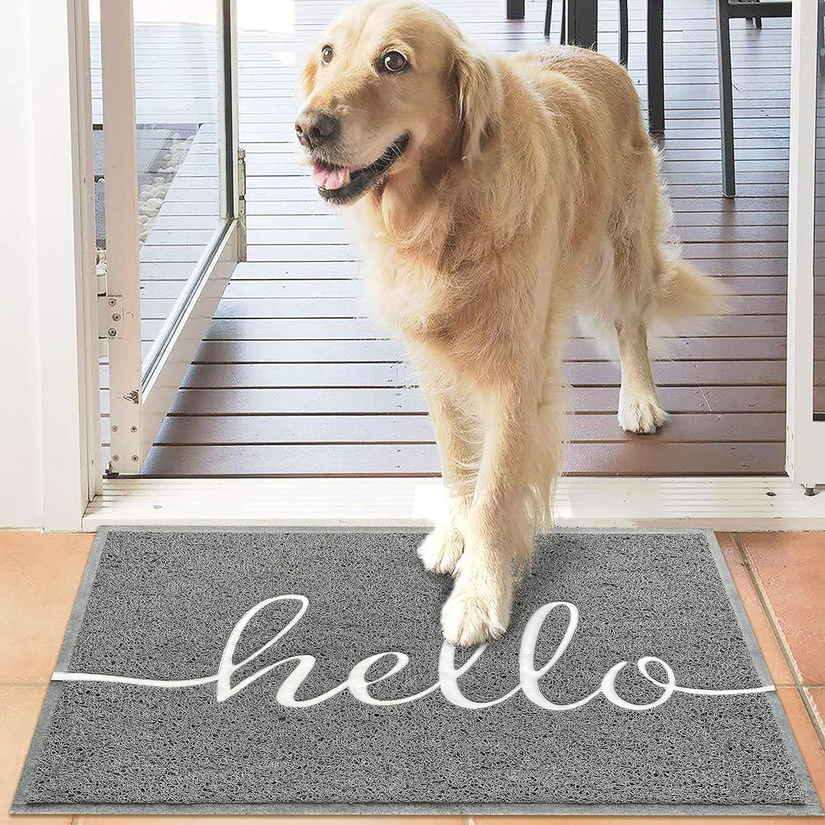 Earthall Hello door mat easy to clean by shake, sweep, or hose.