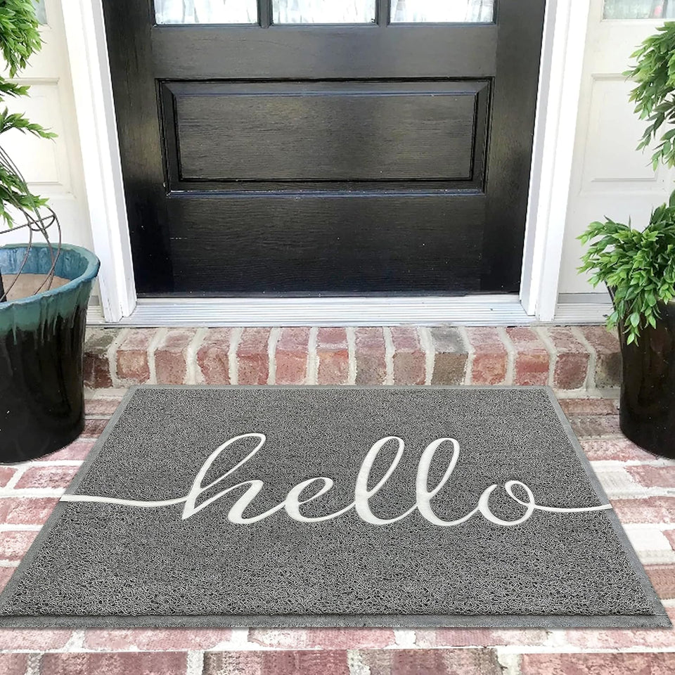 Earthall Hello door mat at front door traps dirt for cleaner entryways.