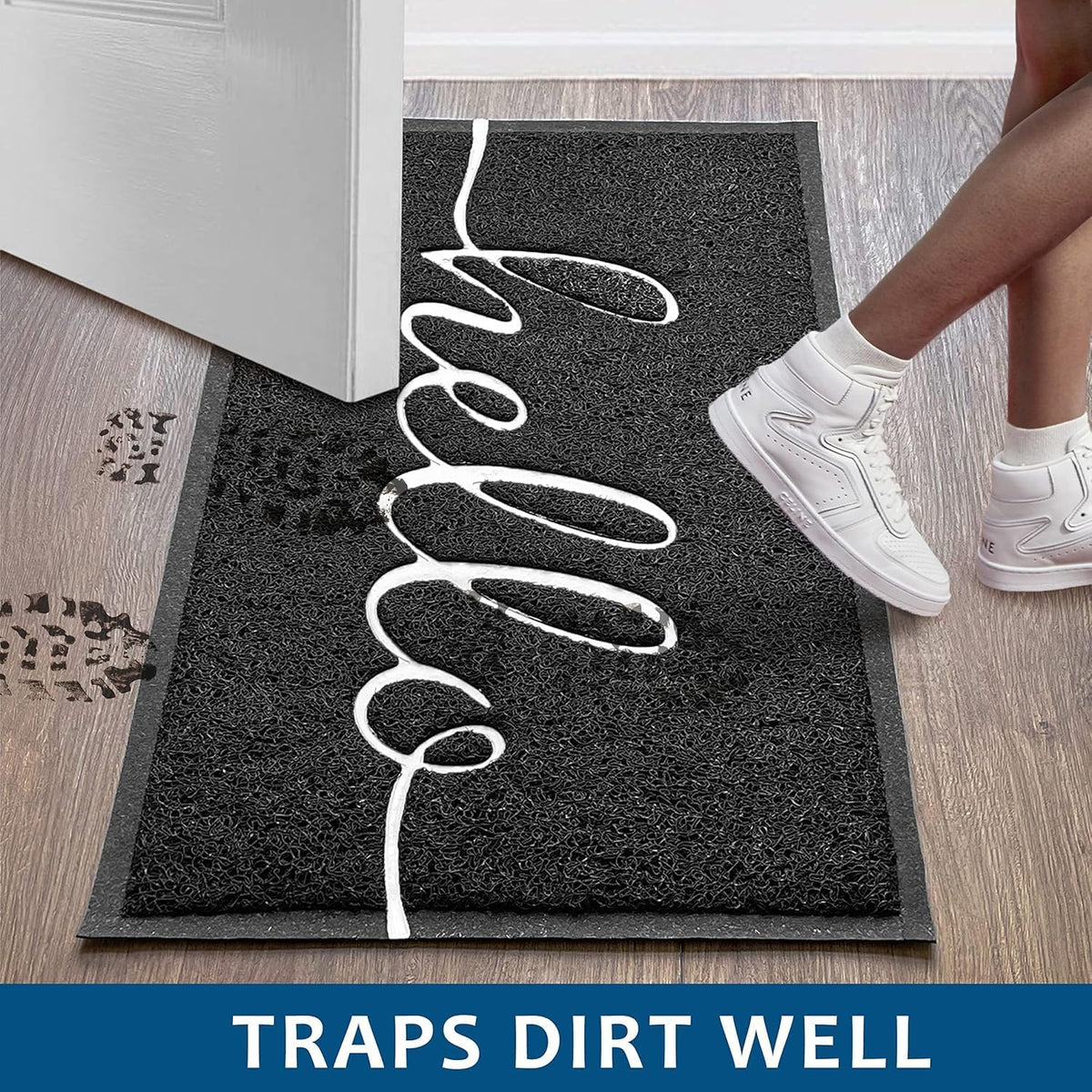 Earthall Hello mat for indoor-outdoor use, low-profile design fits under doors.