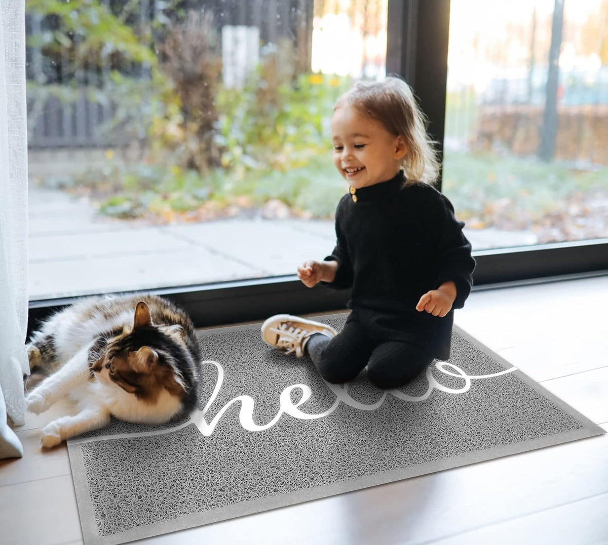 Earthall Hello doormat measures 30x17.5 inches for wide entryways.