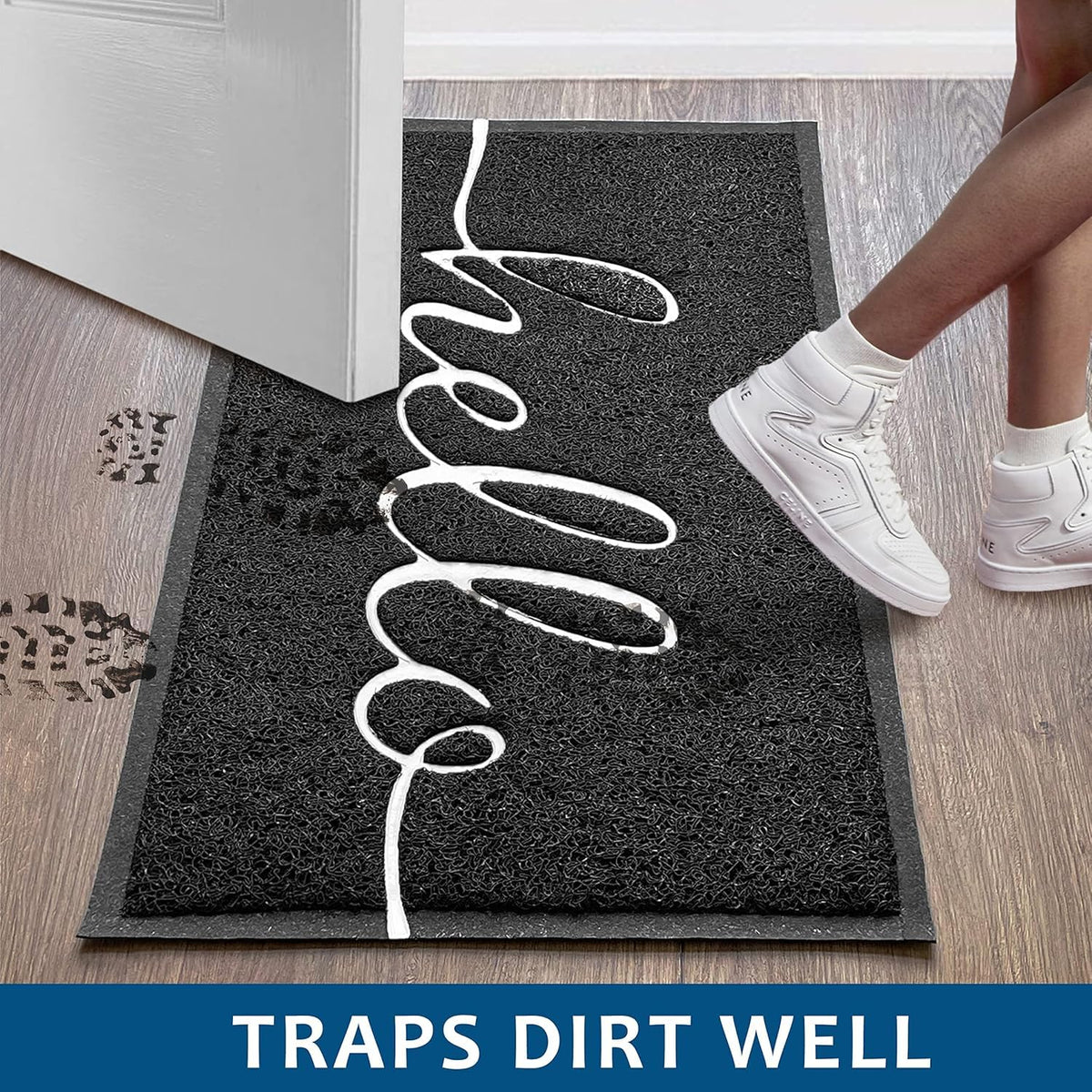 EARTHALL Hello Doormat close-up shows 0.4-inch low-profile thickness.