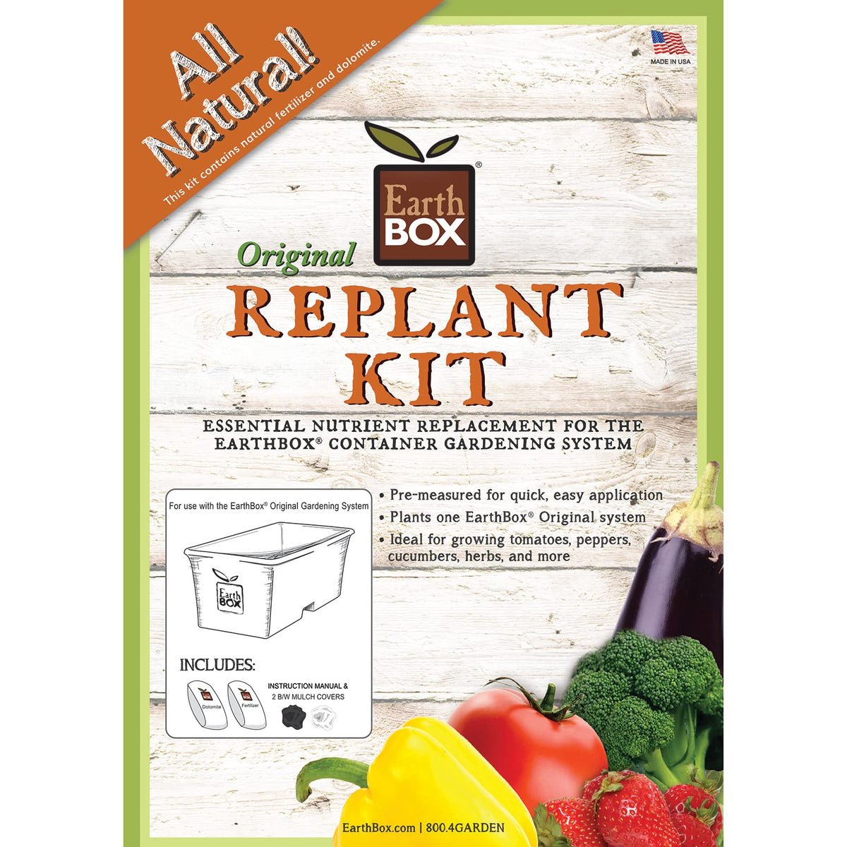 EarthBox Novelty 8-3-5 replant kit closeup with ready-to-use nutrients for reuse