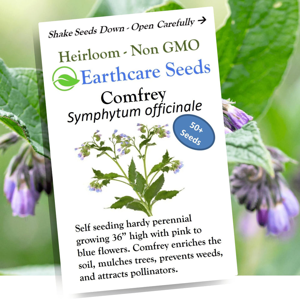 Earthcare Seeds True Comfrey seeds pack with growing instructions for soil improvement.