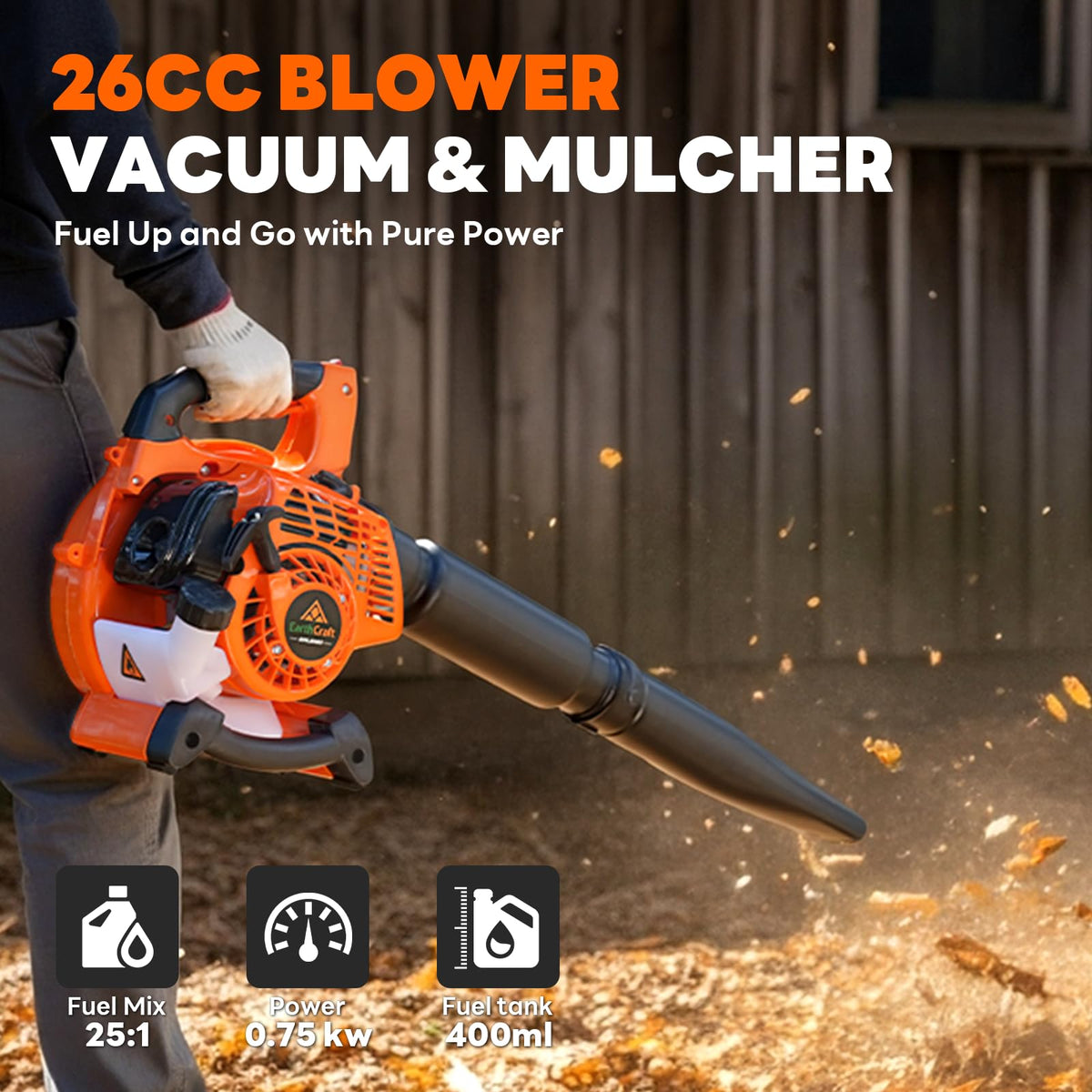 EarthCraft vacuum with 45-liter bag collects debris neatly.