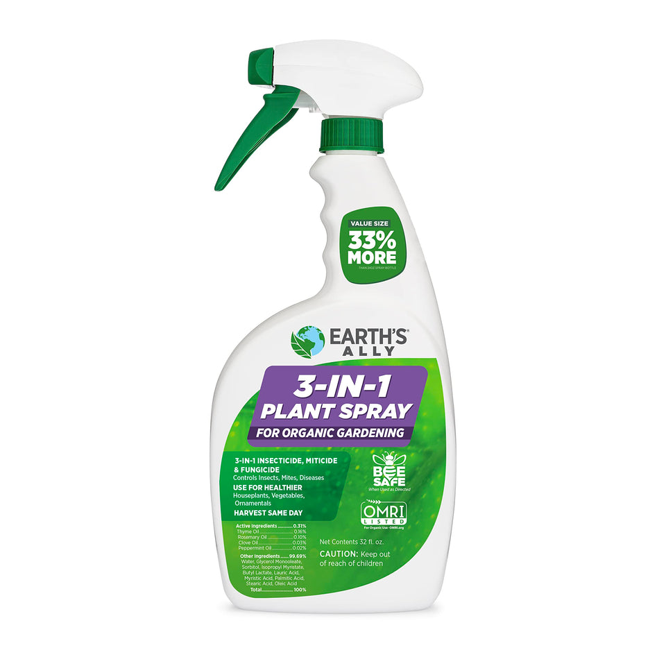 Earth's Ally 3-in-1 spray bottle ready for pest and disease control on plants.