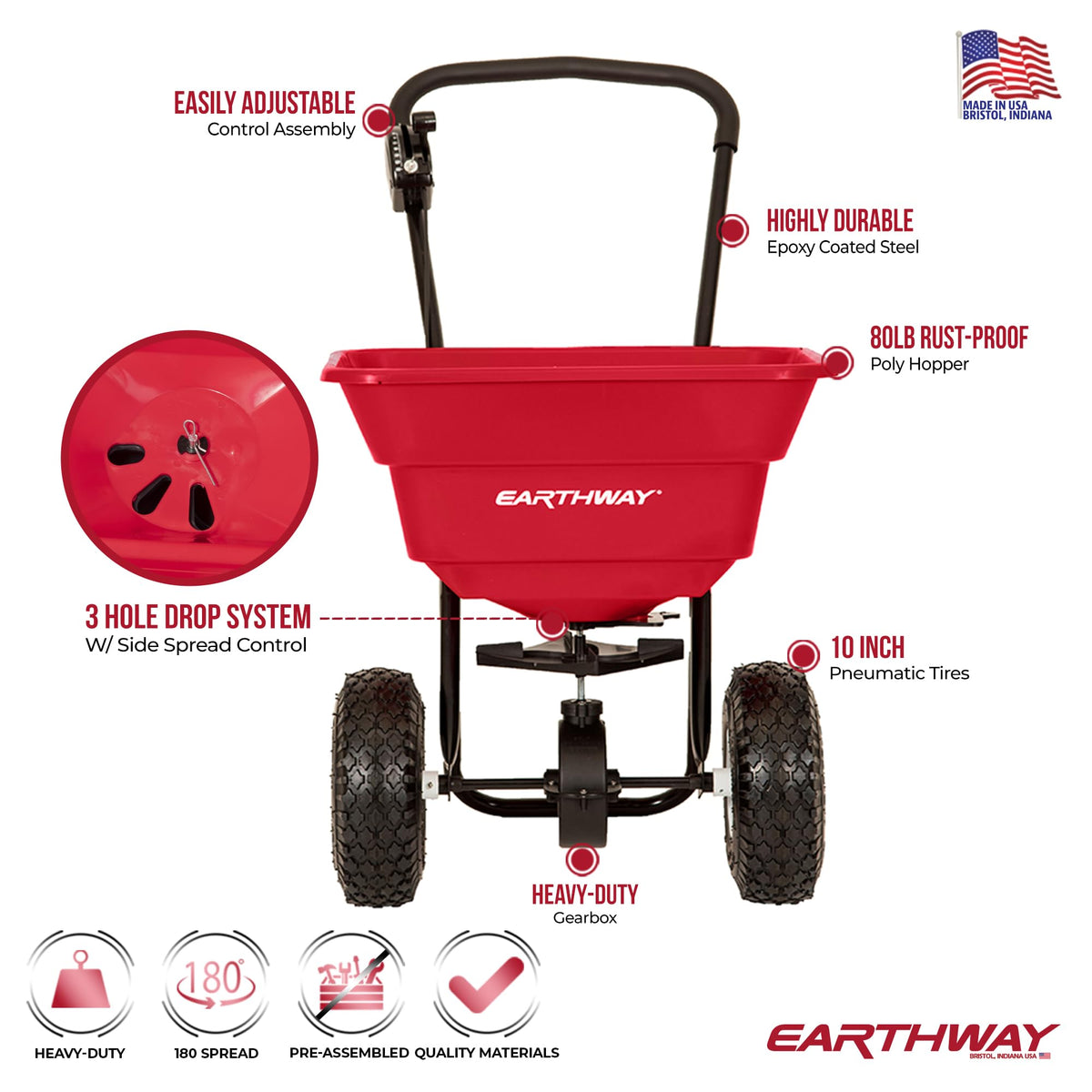 EarthWay 2050P 10in pneumatic tires glide smoothly on uneven ground