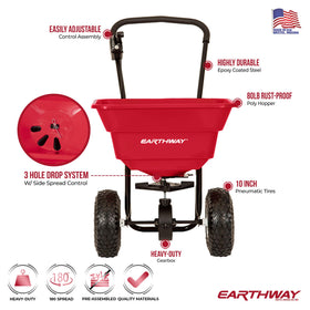 EarthWay 2050P 10in pneumatic tires glide smoothly on uneven ground