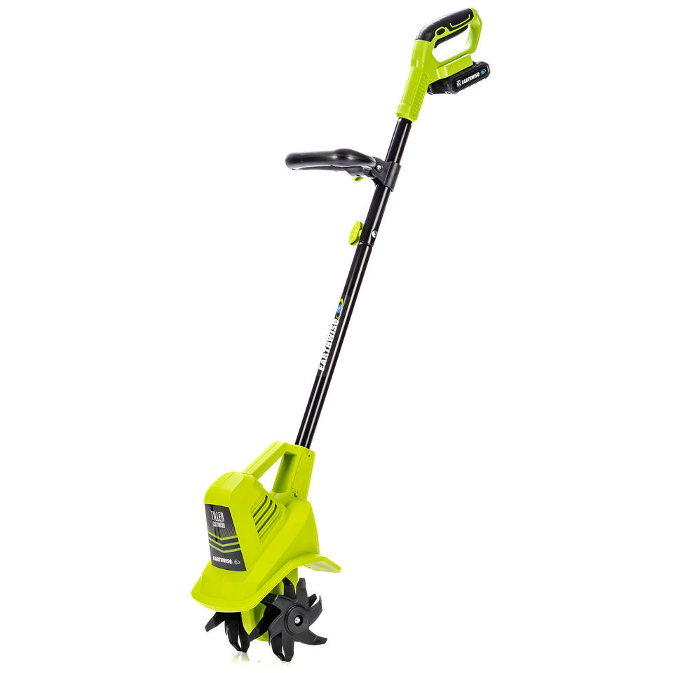 Earthwise TC70020IT tiller front view showing compact design for easy storage