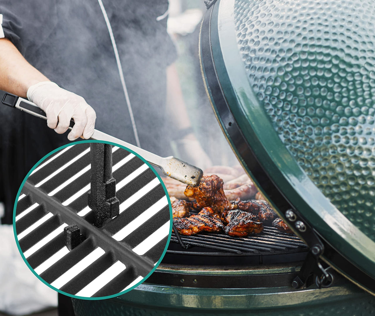 EasiBBQ grate lifter in action for safe grid handling.