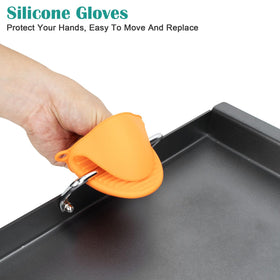 EasiBBQ silicone gloves shown with the griddle for safe handling