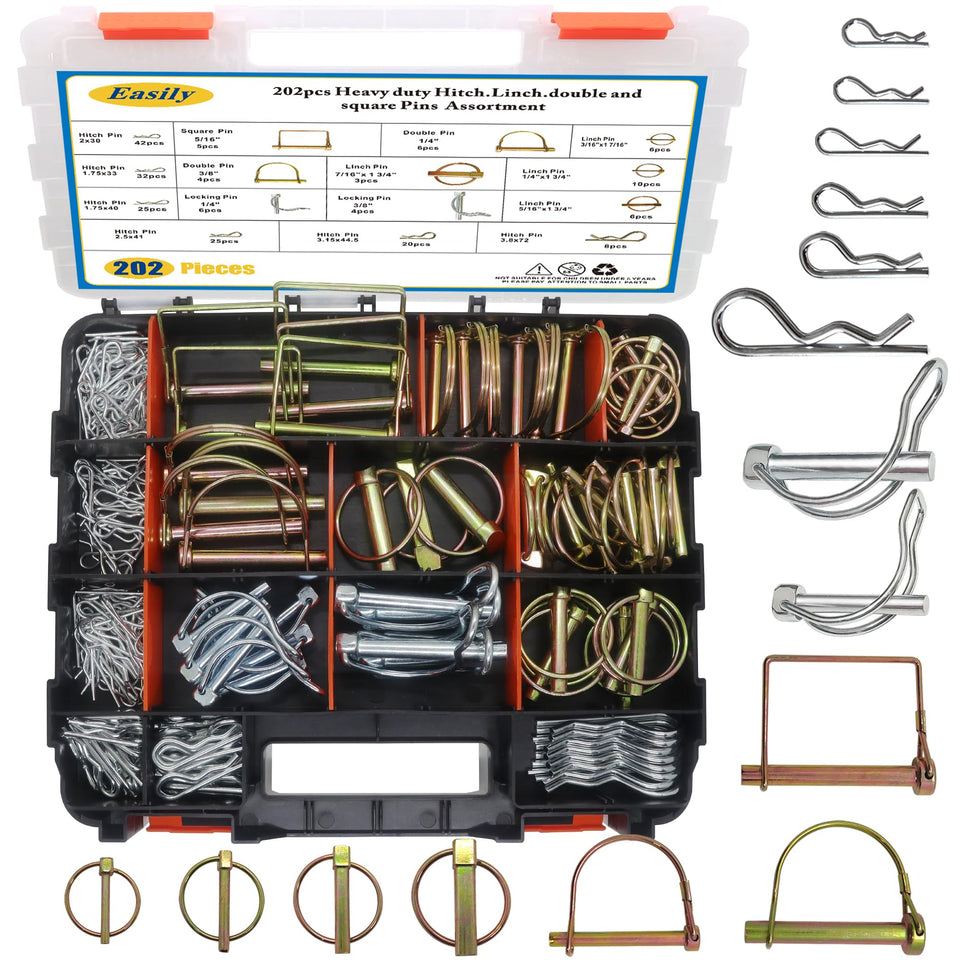 Easily 202PCS hitch pins kit with square PTO pins for versatile trailer connections.