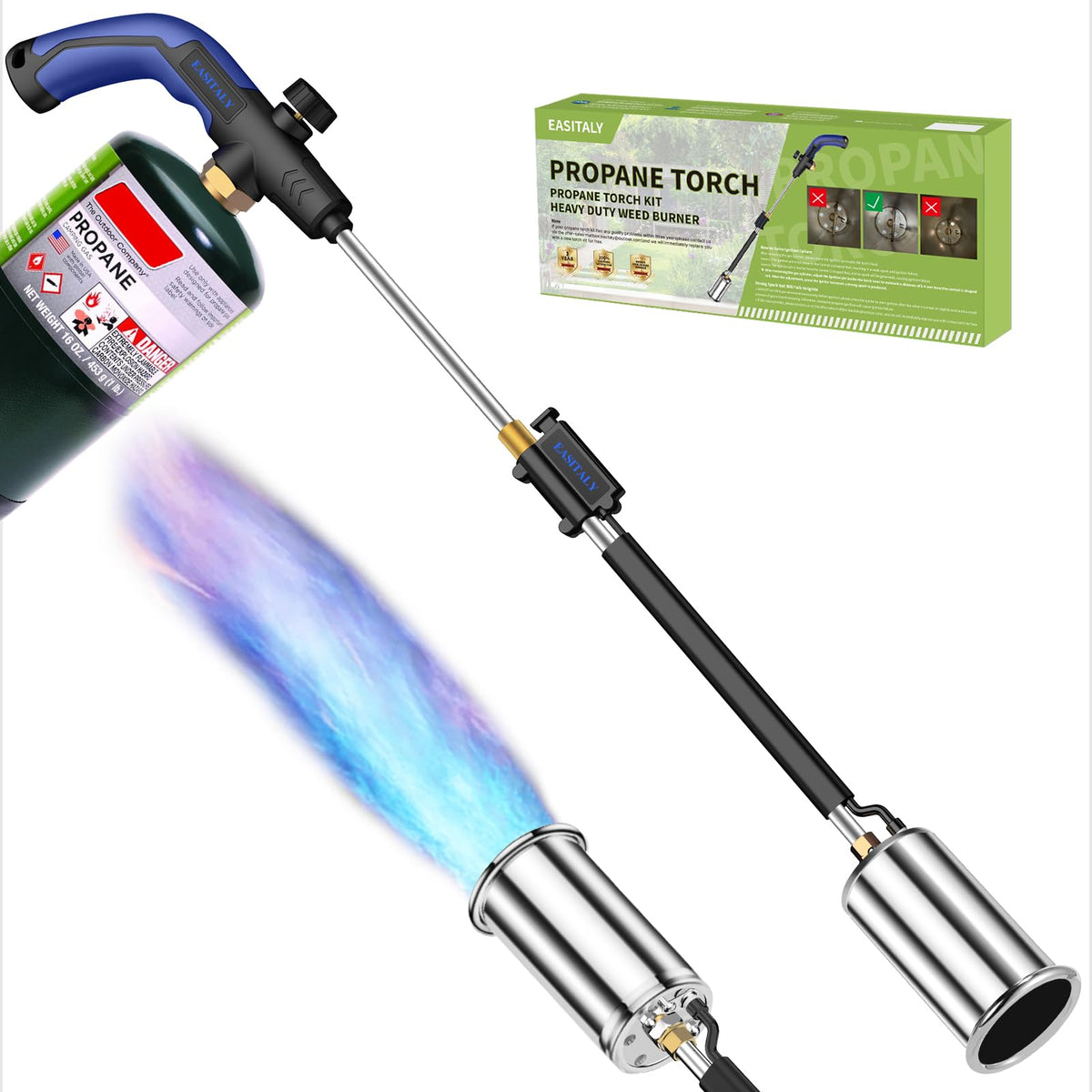 EASITALY heavy-duty propane weed torch with 30-inch length for safe garden weed removal.
