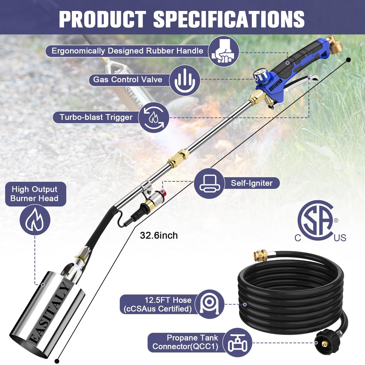 EASITALY dual-mode torch switches between short grilling and long weed-burning modes.