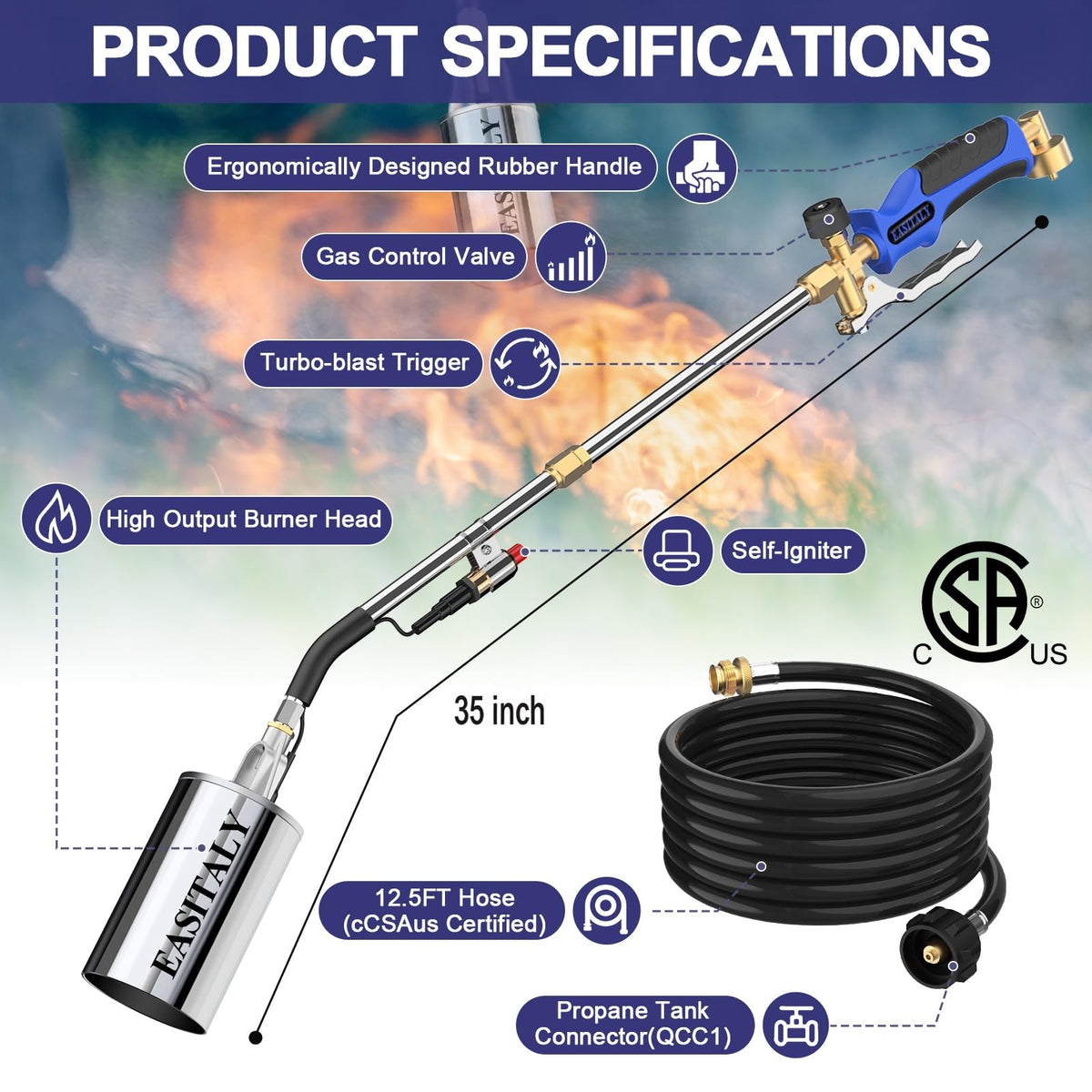 EASITALY torch large nozzle delivers strong, even flame.
