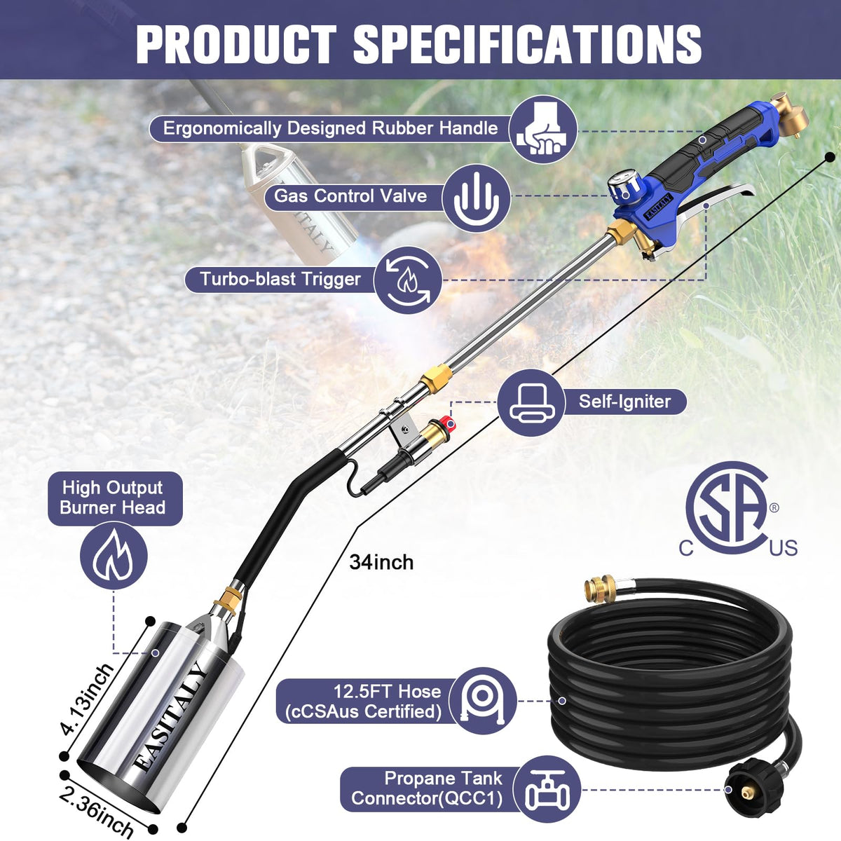 Extended 12.5 ft hose improves reach around obstacles