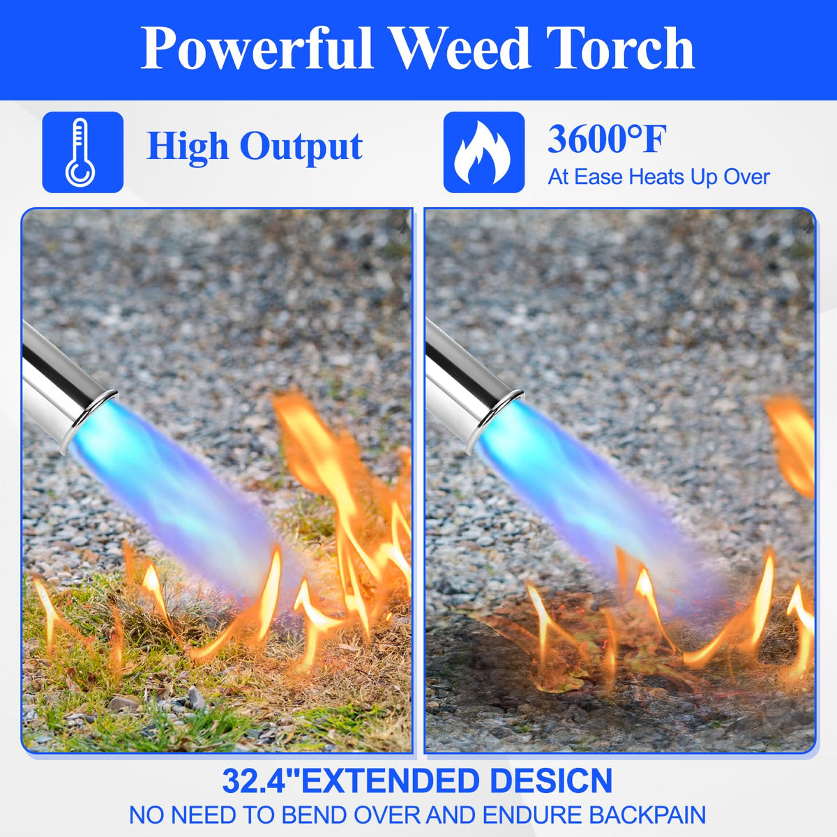 EASITALY weed torch with extended handle enabling safer operation from a distance.