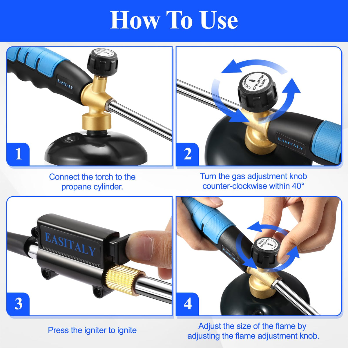 EASITALY weed torch self-igniting system for quick ignition and reliable starts.