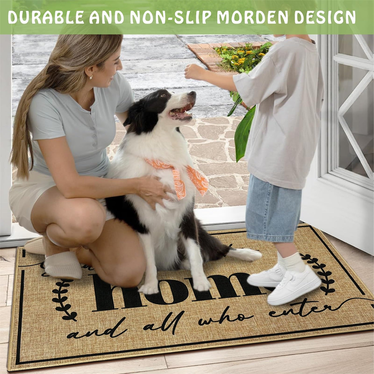 Easma door mat highlighting non-slip backing for stable placement.