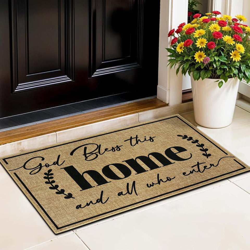 Easma welcome mat at front door with non-slip backing for secure entry.