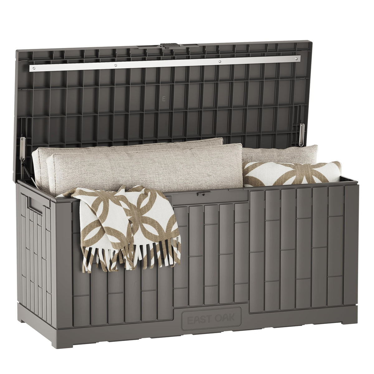 EAST OAK 120 gallon deck box exterior providing generous cushion and tool storage.