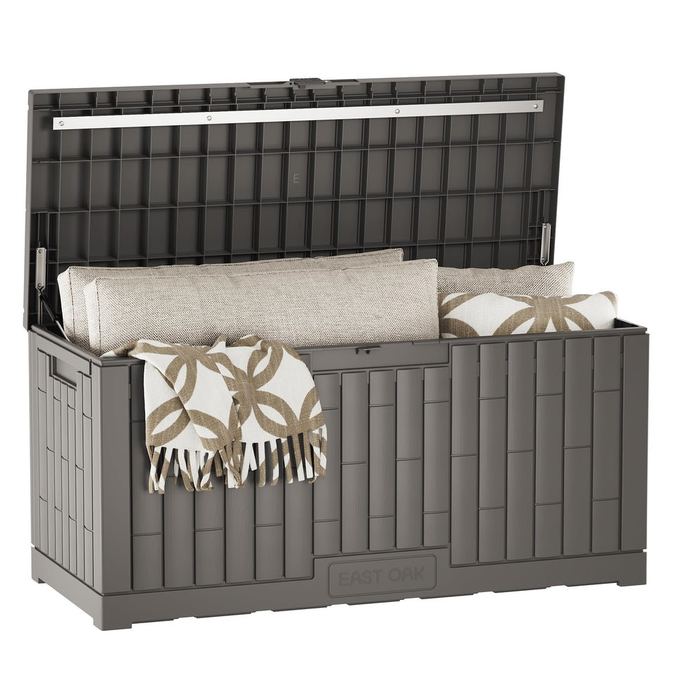 EAST OAK 120 gallon deck box exterior providing generous cushion and tool storage.