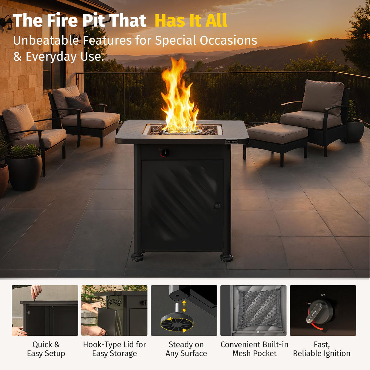East Oak 28in fire pit table dimensions help plan patio placement.