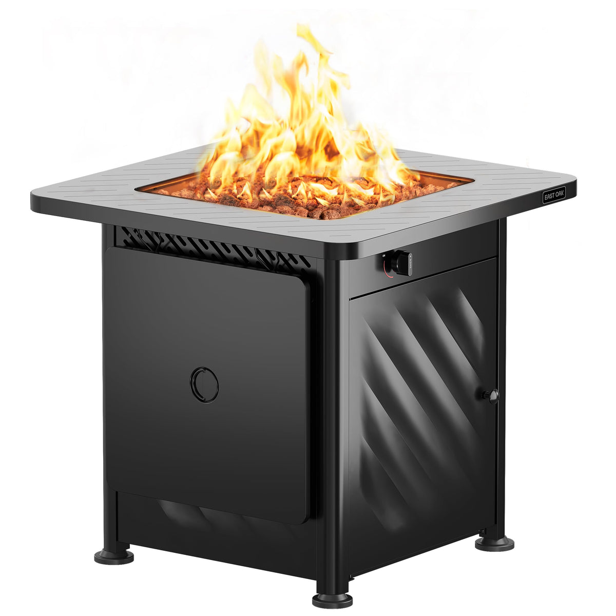 East Oak 28in fire pit table lid on the side panel for quick access and tidy storage.