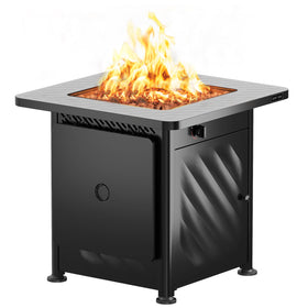 East Oak 28in fire pit table lid on the side panel for quick access and tidy storage.