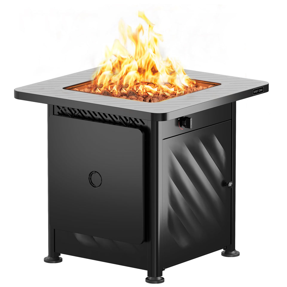 East Oak 28in fire pit table lid on the side panel for quick access and tidy storage.
