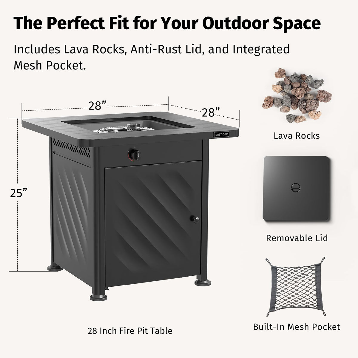East Oak 28in fire pit table mesh pocket keeps tools within easy reach.