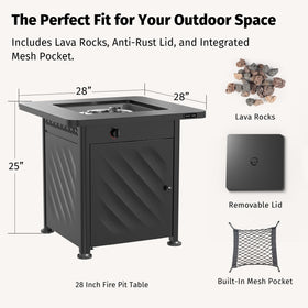 East Oak 28in fire pit table mesh pocket keeps tools within easy reach.
