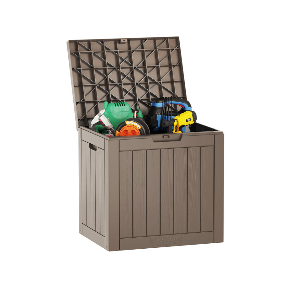 East Oak 31-gallon deck box, closed lid, weatherproof storage for cushions.