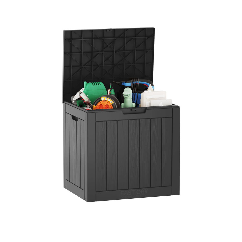East Oak 31 gallon deck box on patio, weatherproof and UV resistant for cushions.
