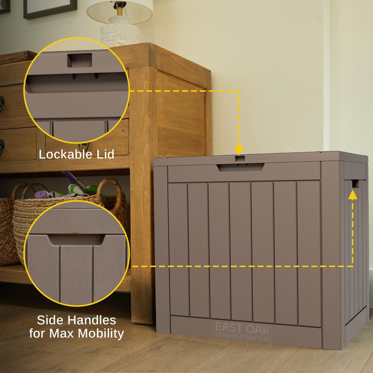 East Oak 31-gallon deck box with lid open for easy access to patio cushions.