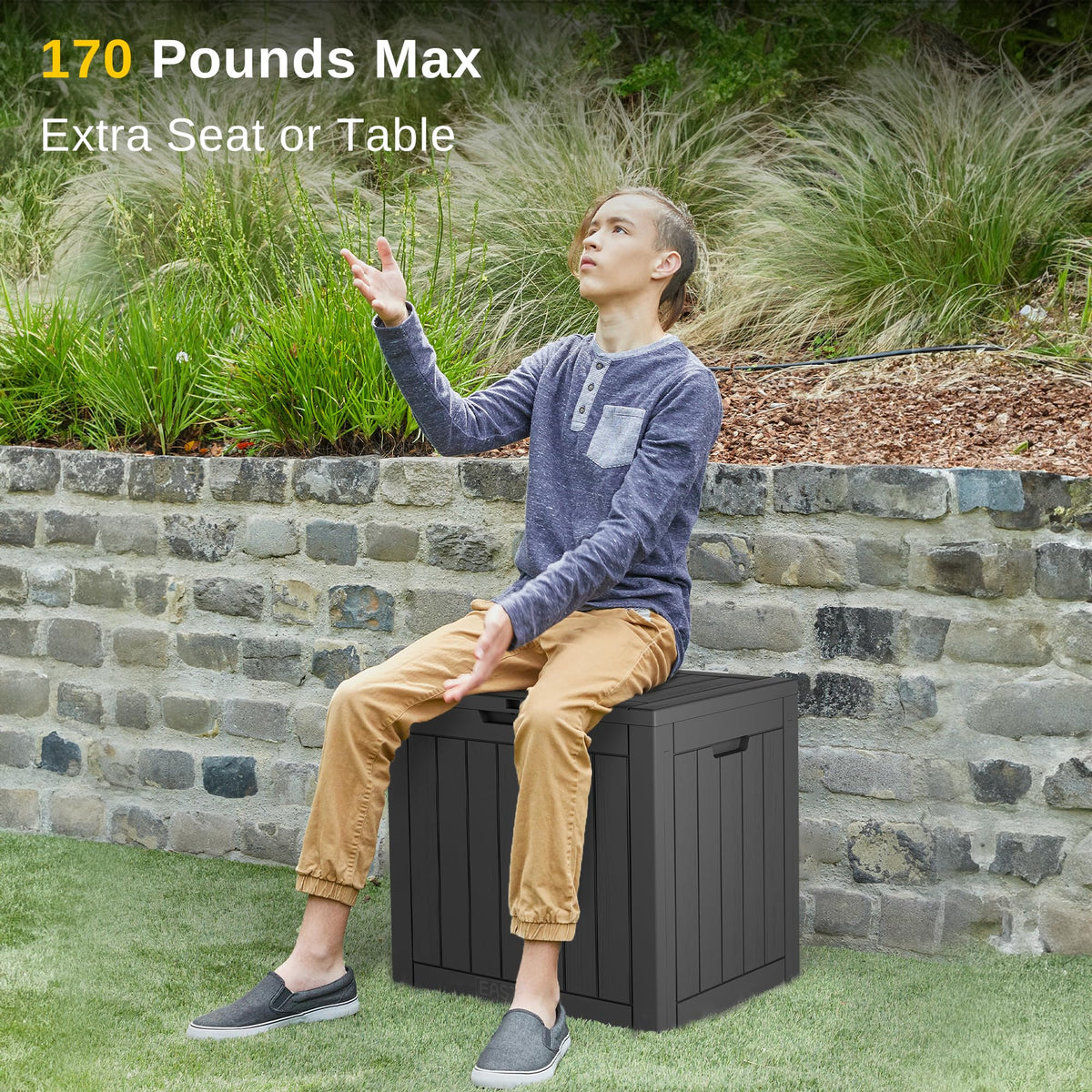 East Oak deck box with secure lock option, ideal for tools and pool accessories.