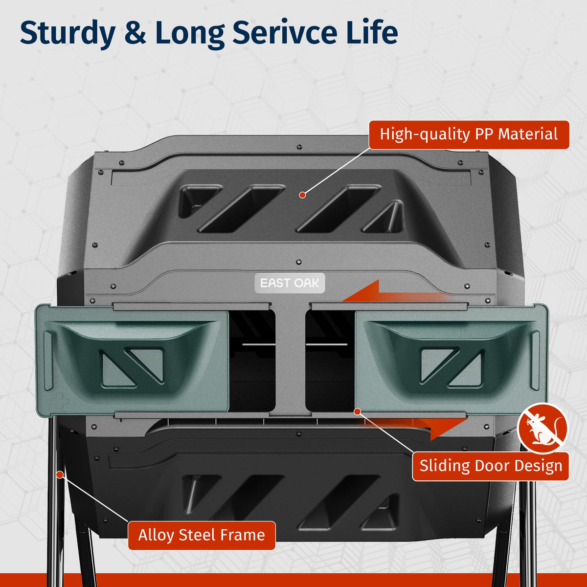 East Oak BPA-free design supports safe composting of kitchen and yard waste.